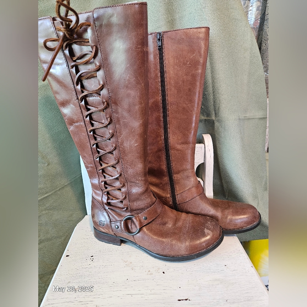 Born Brown Heeled Boots with Decorative Lacing